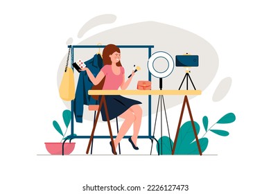Concept Blogging with people scene in the flat cartoon style. Blogger advertises new cosmetics in a video. Vector illustration.