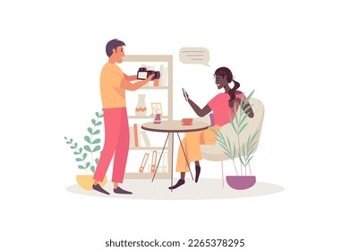 Blogueo conceptual con escenas de personas en el diseño de dibujos planos. Operador de video filma a un conocido blogger en cámara. Ilustración vectorial.