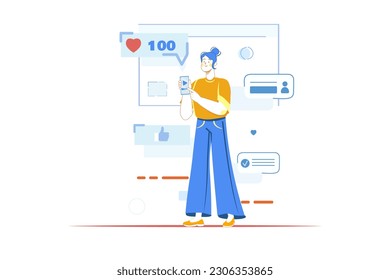 Concept Blogging with people scene in the flat cartoon design. A blogger can see the number of likes and followers on her blog. Vector illustration.