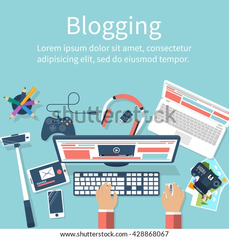 Concept blogging. Vector illustration flat design. Hands blogger working at computer, equipment for video recording. Digital blog. Web banner for promotional material.