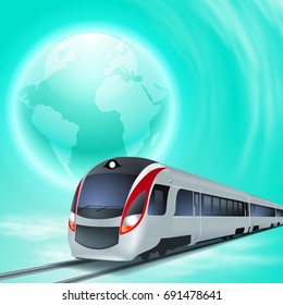 Concept blue background with high-speed train, the globe. EPS10 vector.