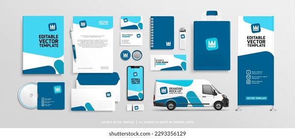 Concept of Blue Brand Identity Mock-Up of stationery. Corporate identity stationary mock-up set of business documets, banner, flyer. Company Car. Advertising promo elements. Editable vector template