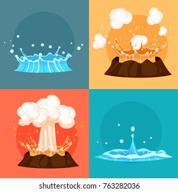 Concept of blue geyser and red-hot volcano four icons. Magma nature blowing up with lava flowing down set. Fountain or splash of hot water from ground. Vector illustration cartoon style flat design