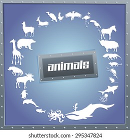Concept blue poster for boys with animals silhouettes around with text inside. Vector illustration