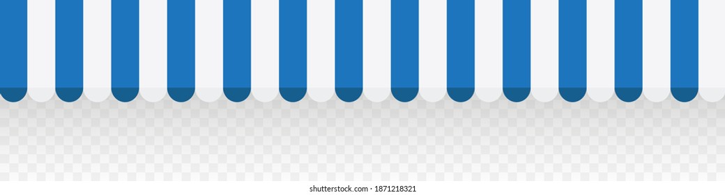 Concept blue striped awning for shop. Tent sun shade for market on transparent background. Vector illustration