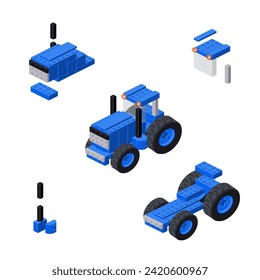 Concept with blue tractor made of plastic bricks. Vector