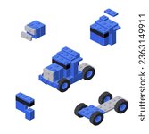 Concept with a blue truck in isometric style for print and design.Vector illustration.