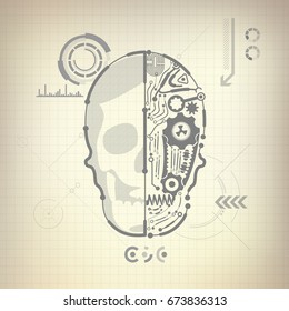 concept of blueprint of A.I. invention, robot brain and skull diagram
