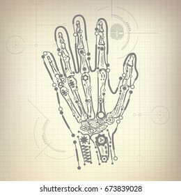 concept of blueprint of A.I. invention, robot hand and bone diagram
