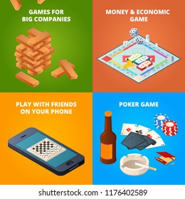 Concept of board games. Checkers, chess and other games. Vector economic game, checker and chess illustration