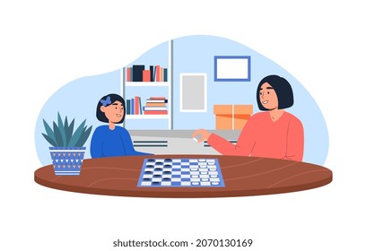 Concept of board games. Mother and her daughter have fun in evening. Adults take rest with their children after work. Good family relationships, girlfriends. Cartoon flat vector illustration