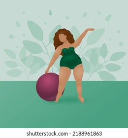 The concept of body acceptance, body positivity and diversity. Sports, yoga, gymnastics with a ball.
A happy and active young woman of large size
