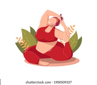 Concept of body positivity and love for your body. Vector illustration of a plus size woman engaged in yoga.