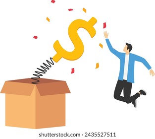 Concept of bonus money, reward program, cash back. Happy businessman receiving prize and standing near winner trophy, man getting award and bonus money.