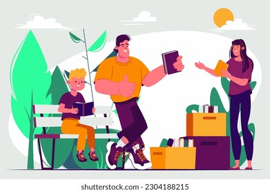 Concept Book festival with people scene in the flat cartoon design. Father and son choose books for reading at the book festival. Vector illustration.