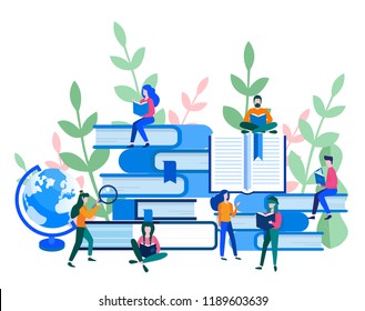 Concept Book Festival Poster, Vector Illustration Flat, Small Character Reading A Book, Learning Education, Reading Books In The Library And In The Classroom, University Studies, Online Courses.