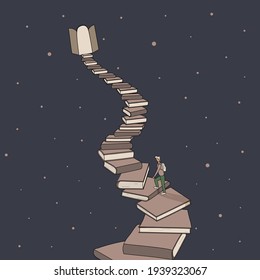 Concept: book or reading is source of knowledge.Tiny boy climb up stack of books in form of ladder leading up to open door with light coming from it.On background of a starry sky.Hand drawn vector