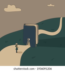 Concept: book is source of knowledge. Tiny girl stands on wide road in front keyhole entrance in book to narrower pathway. Volume as symbol of admission to more prestigious sphere of life. Hand drawn vector