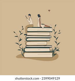 Concept: book is  source of knowledge.At tiny African woman with funny boyfriend sitting on stack of books.Volumes with plants as symbol of education.For library or bookstore.Hand-drawn vector