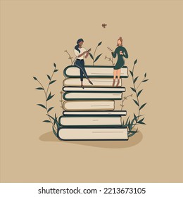 Concept: book is  source of knowledge.A tiny African woman with friend sitting on stack of books and reading books.Volumes with plants as symbol of education.For library or bookstore.Hand-drawn vector