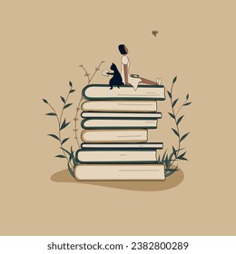 Concept: book is  source of knowledge.A tiny African woman and cat reading book sitting on stack of books.Volumes with plants as symbol of education.For library or bookstore.Hand-drawn vector