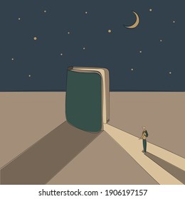 Concept: book is source of knowledge.Half-open book from which ray of light fall in which tiny man stand ready to immerse himself in reading.On background of a starry sky with month.Hand drawn vector