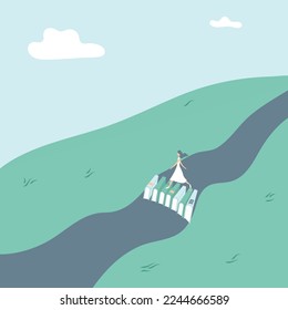 Concept: book is source of knowledge.Tiny girl like fairy crosses river on bridge consisting of books. Book as aid in overcoming difficulties and obstacles in life.Hand-drawn vector