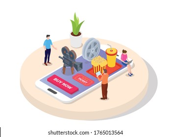 Concept booking movie ticket. men women buy movie ticket online through application on mobile phone tablet laptop devices with isometric 3d flat cartoon style