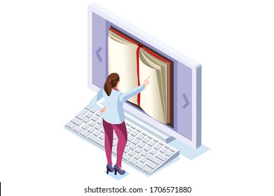 Concept of Books for culture history, book archive on internet. Book and people, digital characters learning on digital books and media. Modern character on conceptual flat cartoon vector illustration