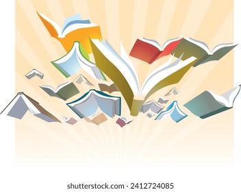 Concept of books flying towards the horizon