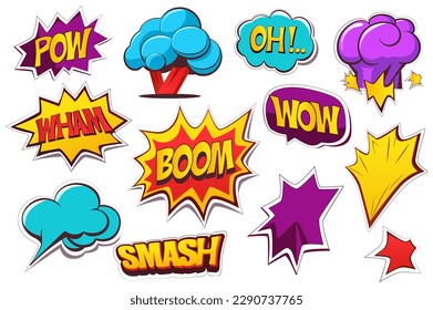 Boom conceptual. Este diseño de caricatura plana presenta un conjunto de explosiones al estilo cómico o auges en diferentes formas y tamaños sobre un fondo blanco limpio. Ilustración vectorial.