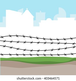 Concept Border fence made of barbed wire on the background of the city in the distance. Vector illustration