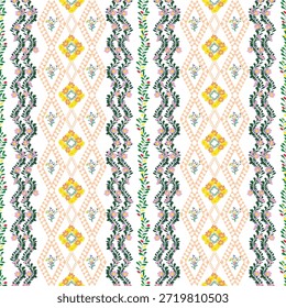 Concept: Botanical Linear Harmony The concept of this design is built on a rhythmic vertical arrangement that balances structured geometry with fluid organic forms. The pattern features alternating columns: one side displays lush, dark green leafy vines adorned with pink blossoms, while the other side showcases a delicate diamond lattice in peach tones, enclosing vibrant yellow flower medallions. This alternating structure creates a sophisticated visual flow that emphasizes height and orderly growth within a garden-inspired framework.
Theme: Modern Folk and Garden Elegance The theme is Refined Modern Folk Art, utilizing a crisp white background to make the vibrant colors pop. The palette of emerald green, sunny yellow, and soft peach provides a fresh and energetic aesthetic. Drawing inspiration from traditional embroidery and botanical illustrations, this design is highly versatile, making it perfect for fashion apparel, decorative ribbons, home upholstery, and premium spring-themed stationery or gift packaging.