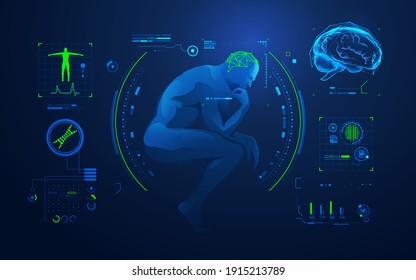 concept of brain analysis or brain research, graphic of thinking man with medical technology interface