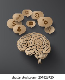 concept   of brain and bubble speech with icon. paper art cardboard style