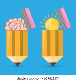 concept brain and bulb inside pencil symbolizing the creativity