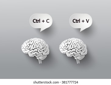 concept with brain. C and V for copy and paste.paper art style.