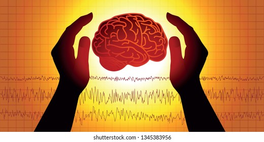 Concept of brain medicine with two hands symbolically protecting a brain in front of an electroencephalogram.
