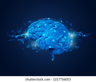 Concept Of Brain Power, Graphic Of Brain With Lightning And Broken Polygon Element
