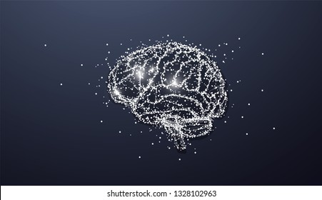 Concept of brain power. Isolated monochrome brain with glow effects on a dark background.