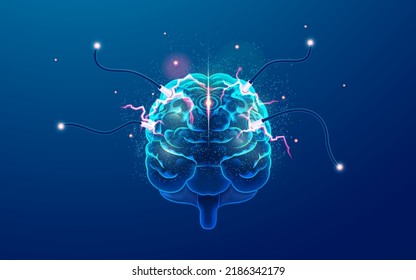 concepto de potencia cerebral o neurología, gráfico de cerebro que presenta en la vista frontal con efecto relámpago