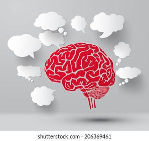 concept of  Brain and set of blank  paper speech bubbles. paper art style.