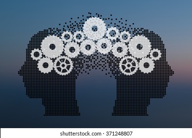 Concept of Brain storming, Knowledge sharing between to people head, this was shown through cogwheels transferring from one human brain to other, this also represents creative mind, innovation.