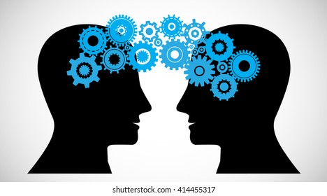 Concept of Brain storming, Knowledge sharing between to people head, this was shown through cogwheels transferring from one human brain to other, this also represents creative mind, innovation