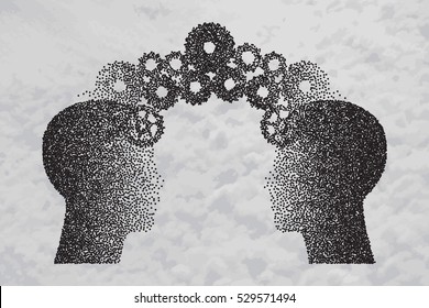 Concept Of Brain Storming, Knowledge Sharing Between To People Head, This Was Shown Through Cogwheels Transferring From One Human Brain To Other. Particle Divergent Composition. Vector Illustration