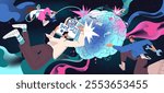 Concept of brain work. Development of artificial intelligence. Pumping of cognitive skills, improve of knowledge, learning. Mind inside human head. Mental processes, memory. Flat vector illustration