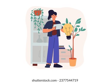 Concept Brainstorm with people scene in the flat cartoon design. A young energetic worker generates cool ideas to improve work. Vector illustration.