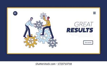 Concept Of Brainstorm And Teamwork. Website Landing Page. Characters Work In Team. Metaphor Of Comparing People Work With Cogwheel Mechanism. Web Page Cartoon Linear Outline Flat Vector Illustration