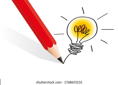 The concept of brainstorming and the bright idea with a pencil that draws a light bulb that lights up to symbolize the solution
