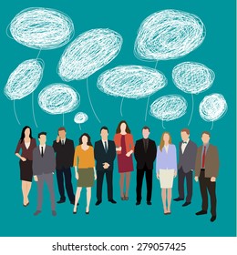 Concept of brainstorming. Group of people with speech bubbles. Flat design vector illustration